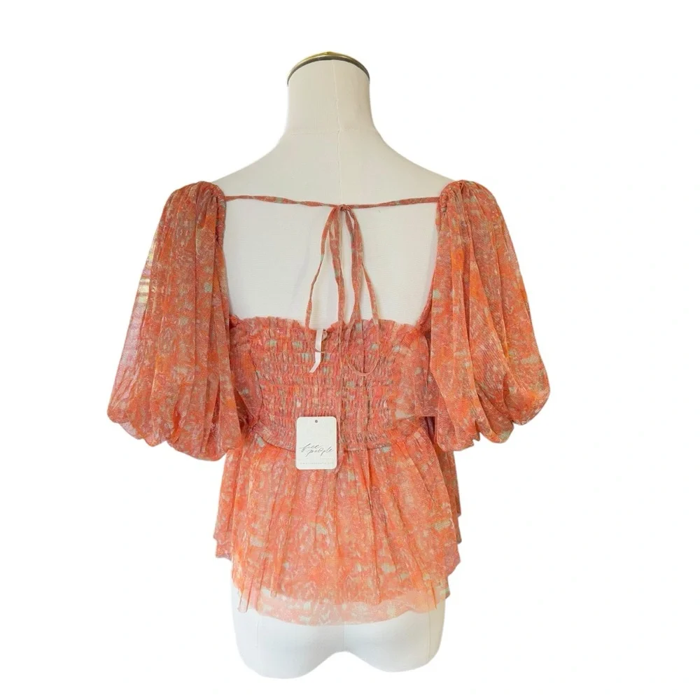 NWT Free People Babydoll Penelope Blouse Women S Peach Floral Short Sleeves Crop